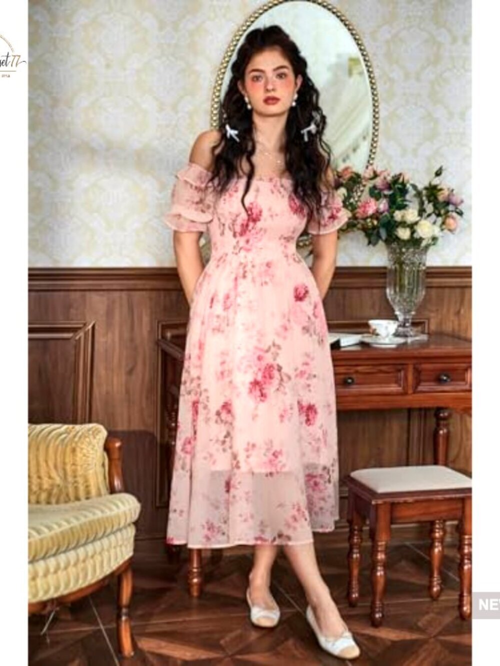 Floral Maxi Dress with Puff Sleeves Square Neck A-Line Wedding Guest - Picture 2 of 7